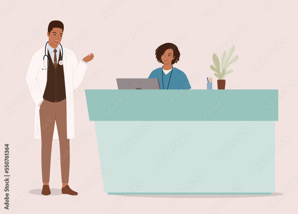 Smiling Black Male Doctor In Lab Coat And Stethoscope Talking To A Female Nurse At The Hospital Counter. Full Length. Flat Design Style, Character, Cartoon.