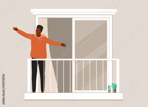 One Black Man With Arms Outstretched Standing Outside The Balcony House Taking Some Fresh Air. Full Length. Flat Design Style, Character, Cartoon.