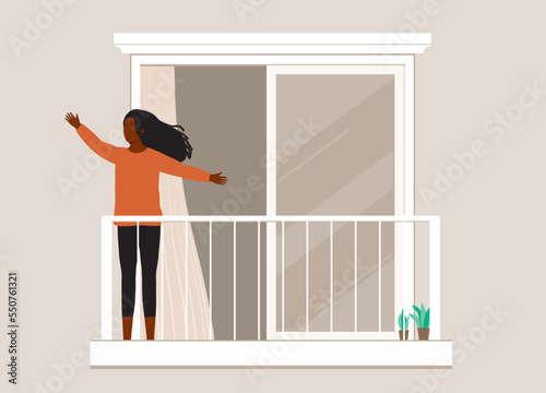 One Black Woman With Arms Outstretched Standing Outside The Balcony House Taking Some Fresh Air. Full Length. Flat Design Style, Character, Cartoon.