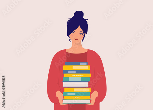 One Smiling Young Woman Carrying A Pile Of Variety Books. Half Length. Flat Design Style, Character, Cartoon.