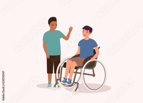 Smiling Black Boy Making Friend With A Boy With Wheelchair. Full Length. Flat Design, Character, Cartoon.