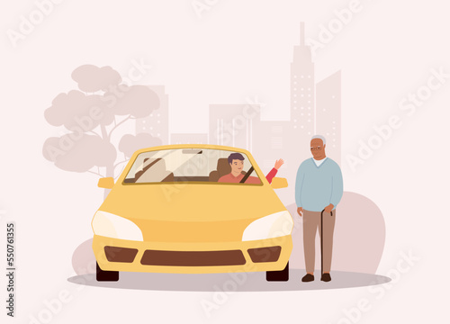 Fototapeta Naklejka Na Ścianę i Meble -  Kind Man With Yellow Car Offer His Ride To A Black Senior Man. Full Length. Flat Design Style, Character, Cartoon.