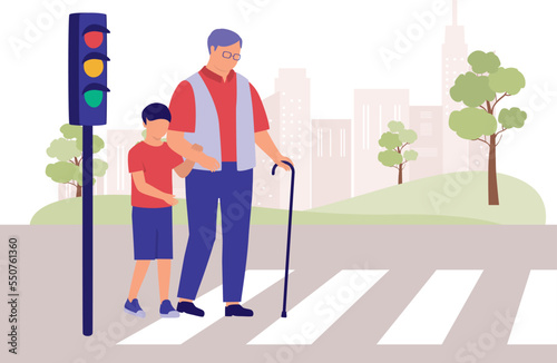 Good Boy Helping Senior Man Crossing Street Using Pedestrian Crosswalk. Full Length. Flat Design Style, Character, Cartoon.
