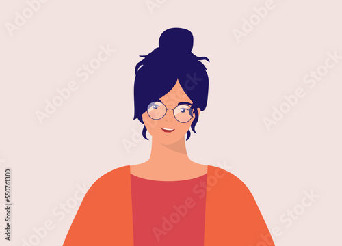 One Smiling Young Woman Wearing A Eyeglasses. Half Length. Flat Design Style, Character, Cartoon.