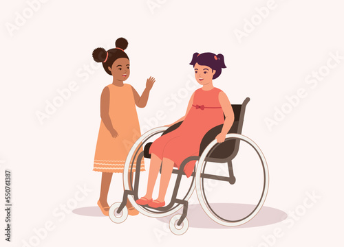 Smiling Black Girl Making Friend With A Girl With Wheelchair. Full Length. Flat Design, Character, Cartoon.