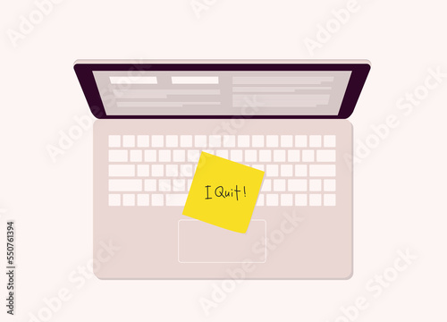 Top View Of A Opened Laptop With Yellow Sticky Note “I Quit” On Keyboard.