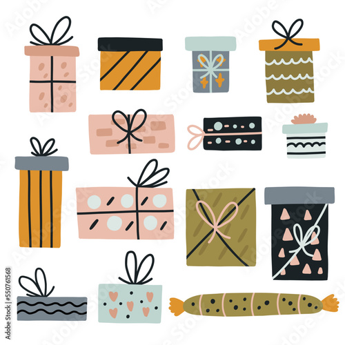 Cute set of hand drawn gift boxes. Doodle collection childish surprise presents package. Flat vector illustration 