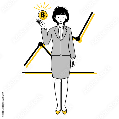 ビットコインのアイコンを手に添えるビジネスパーソンとグラフのイラスト素材