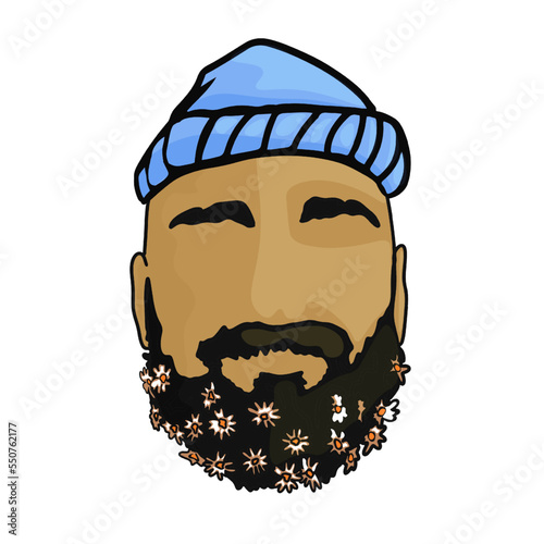 Portrait of a man in a hat and beard in flowers. T-shirt design and printing, clothing, bags, posters, invitations, postcards, flyers, etc. A philosopher with a cap and a beard with flowers. Beatnik