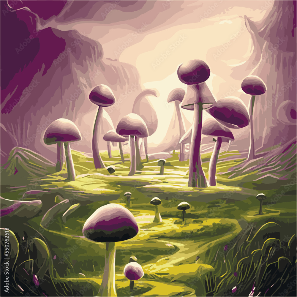 Surreal rowing landscape vector illustration. Enchanted forest with ...