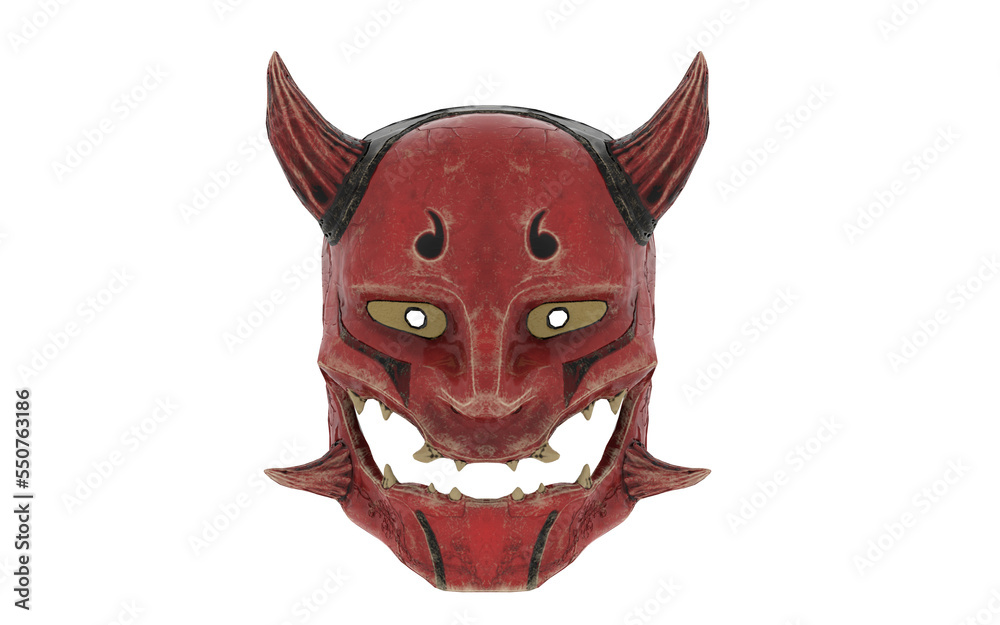 japanese red demon mask with horns and fangs on white background