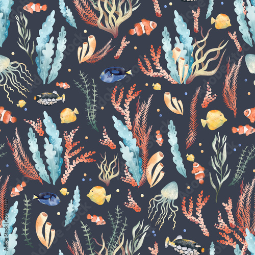 Watercolor hand drawn seamless pattern, colorful illustration of sea underwater plants, fish, seaweeds, ocean coral reef. Aquarium decor. Wildlife marine floral elements isolated on dark background.