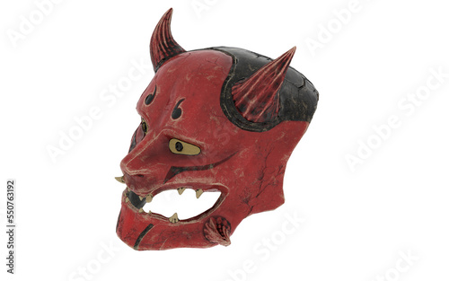 japanese red demon mask with horns and fangs on white background