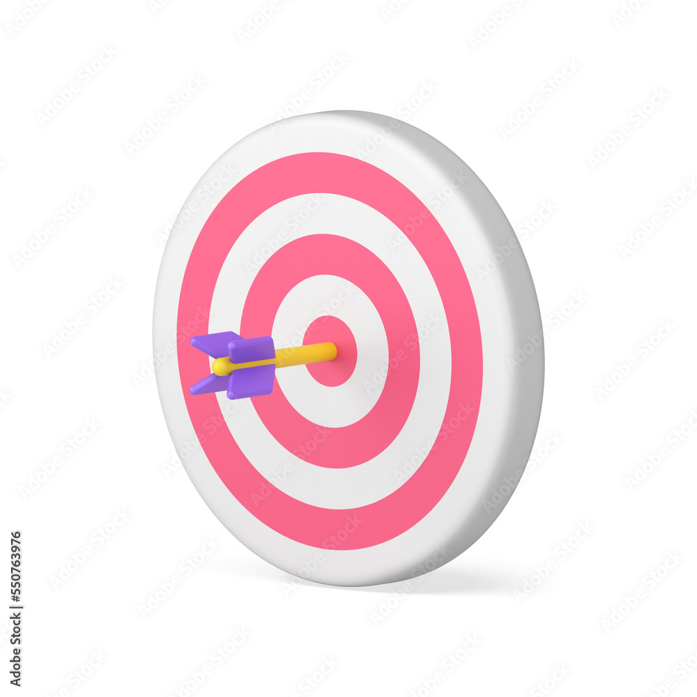 Arrow target 3d icon. Circular disc with pink stripes and purple dart in center Arrow target 3d icon. Circular disc with pink stripes and purple dart in center