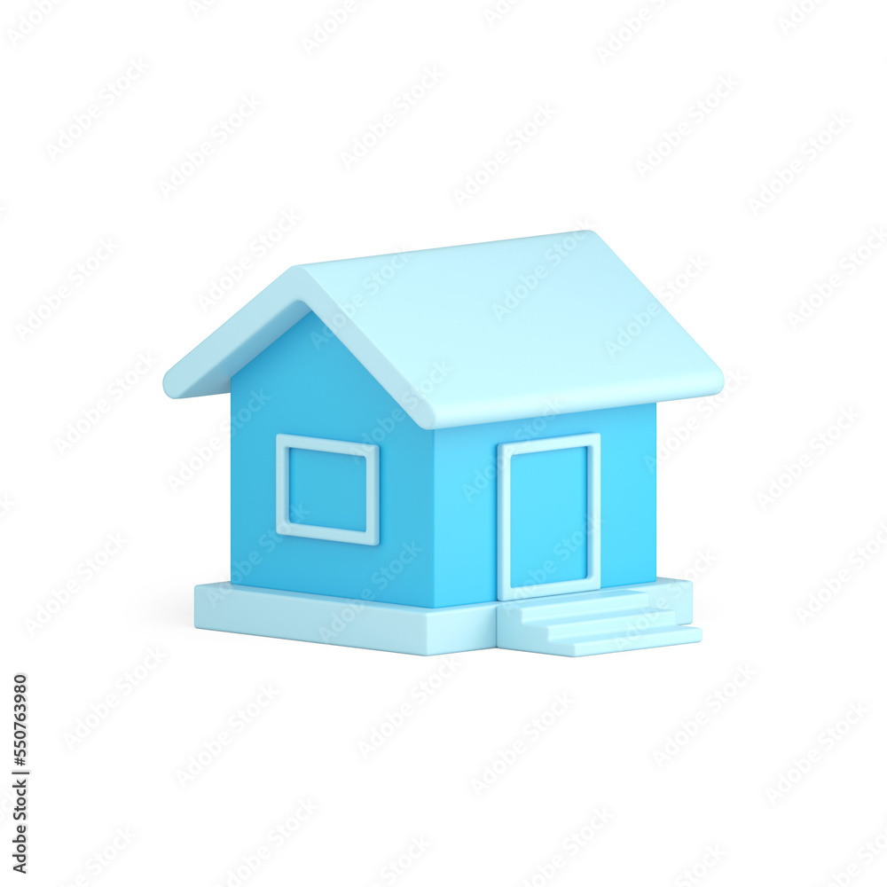 Blue real estate village house roof and door stairs building facade 3d icon isometric Blue real estate village house roof and door stairs building facade 3d icon isometric