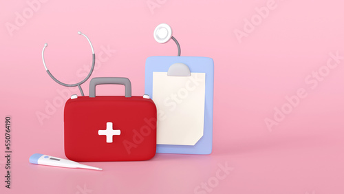 Health care medical Closed 3D first aid kit , red medicine chest, grey stethoscope and clipboard and 
thermometer isolated on pink background, 3d rendering