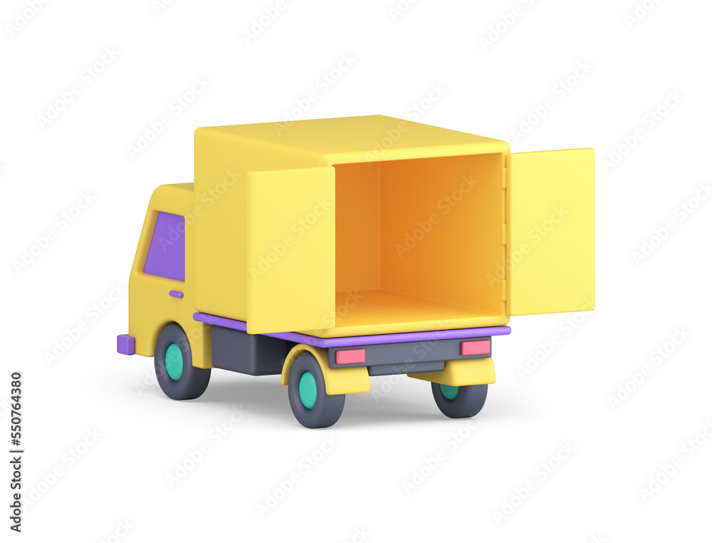 Yellow empty cargo truck with open doors ready loading commercial logistic realistic 3d icon