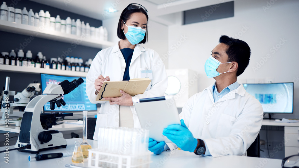 Fototapeta premium Science laboratory, team and tablet planning, vaccine research and pharmaceutical development of data analysis, investigation and innovation. Scientists, face mask and working on digital technology