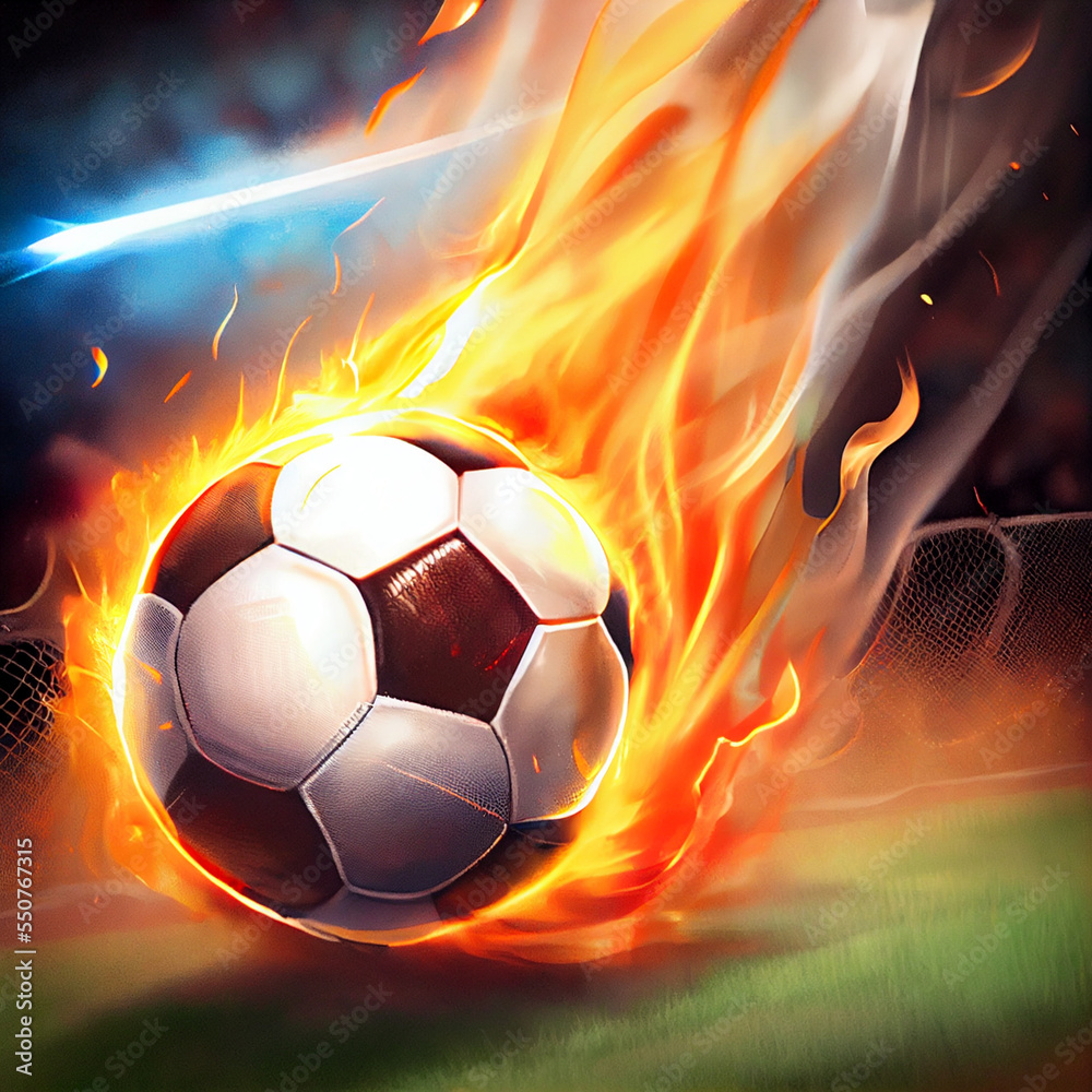 Fototapeta premium Football and Soccer celebration of the World Cup, flaming balls and lighting, with rainbow colors