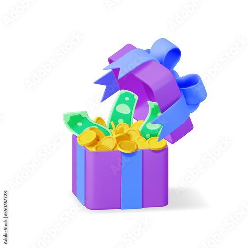 3D Open Gift Box Full of Gold Coins and Dollar Banknotes Isolated. Render Giftbox and Cash Money. Concept of Loyalty Program, Casino or Online Games Bonus. Money Prize Reward. Vector Illustration