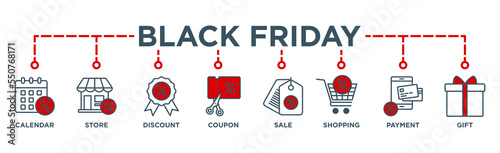 Black friday banner web icon vector illustration concept with icon of calendar, store, discount, coupon, shopping, sale, payment, gift, 