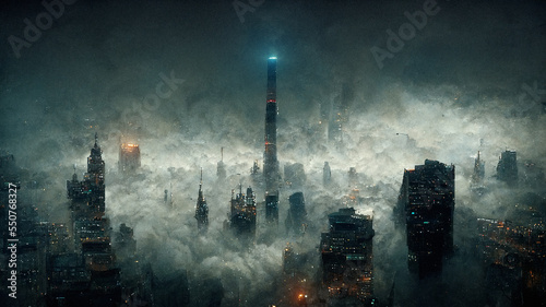 Aerial view of dark futuristic city covered with dense fog at night. Digitally generated AI image.