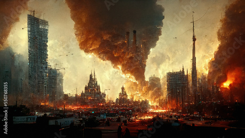 City at fire and smoke at war. Burning urban skyline. Digitally generated AI image.