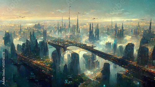 City of future panoramic aerial view of futuristic urban skyline.  
Digitally generated image.
