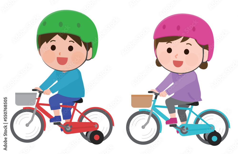自転車に乗る女の子と男の子　ヘルメットと補助輪付き　イラスト