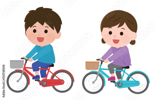 サイクリング 自転車に乗る女の子と男の子 イラスト