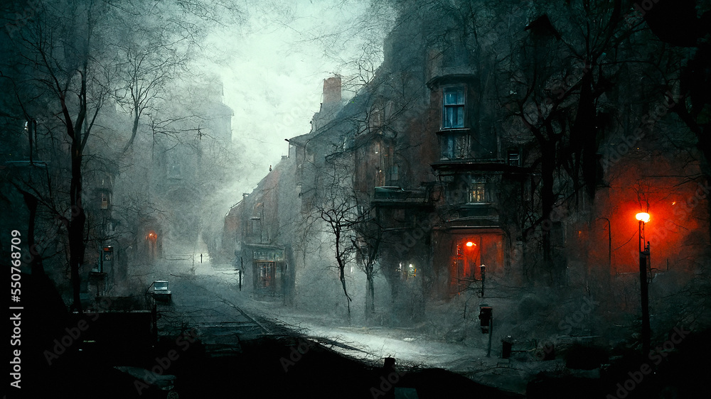 Naklejka premium street, scary, fog, old, vintage, mist, misty, foggy, nobody, village, road, dark, evening, copy space, spooky, night, city, light, architecture, town, building, lights, halloween, urban, london, vint