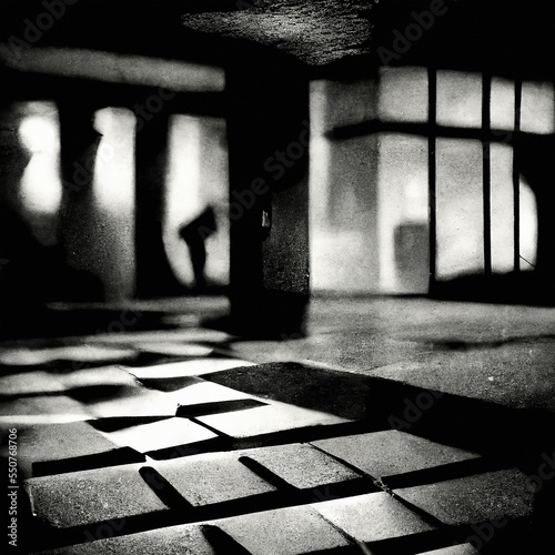 Artistic dark scary room. Abstract square background. Film noir style.  
Digitally generated AI image