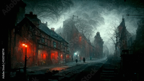 Dark scary village street covered with fog in the evening.   Digitally generated AI image. © 0livia