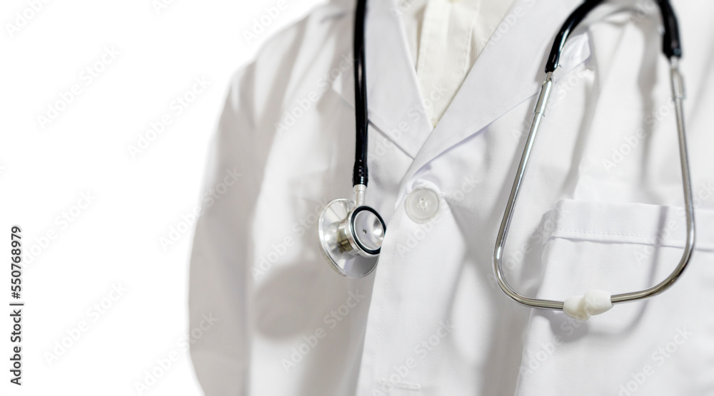 A half-standing doctor, without a face, holding a stethoscope against a white background.stand straight A half-standing doctor, without a face, holding a stethoscope against a white background.stand straight