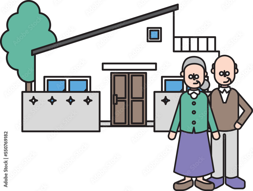 シンプルな住宅とシニア夫婦のイラスト(Oタイプ) シンプルな住宅とシニア夫婦のイラスト(Oタイプ)