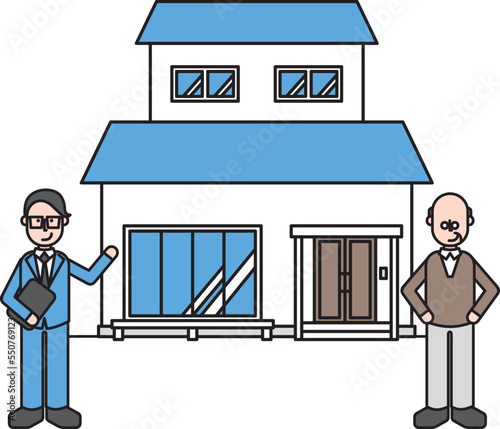 シンプルな住宅と売買する男性のイラスト（Bタイプ）
