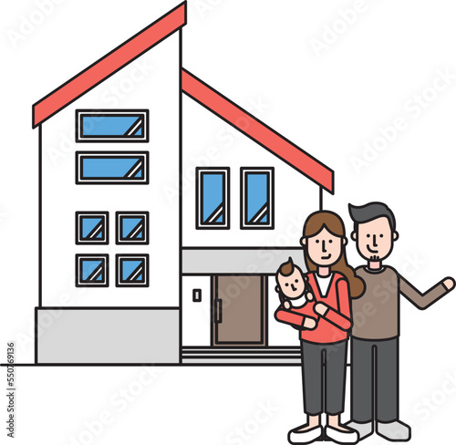 シンプルな住宅と家族のイラスト（Cタイプ）