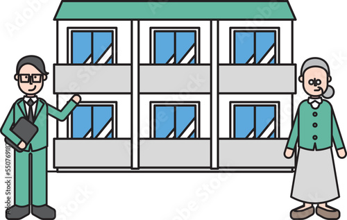 シンプルな住宅と営業の男性とシニア女性のイラスト（Pタイプ）