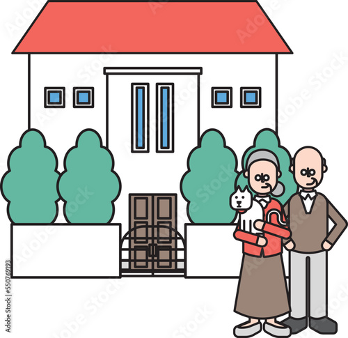 シンプルな住宅とシニア夫婦とペットの猫のイラスト（Rタイプ）