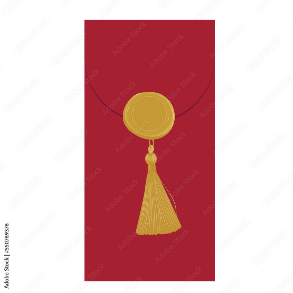 Chinese reward, angpao. Chinese new year and Lunar new year festival. A red envelope with a gold seal and a tassel. Vector illustration. isolated on a white background.