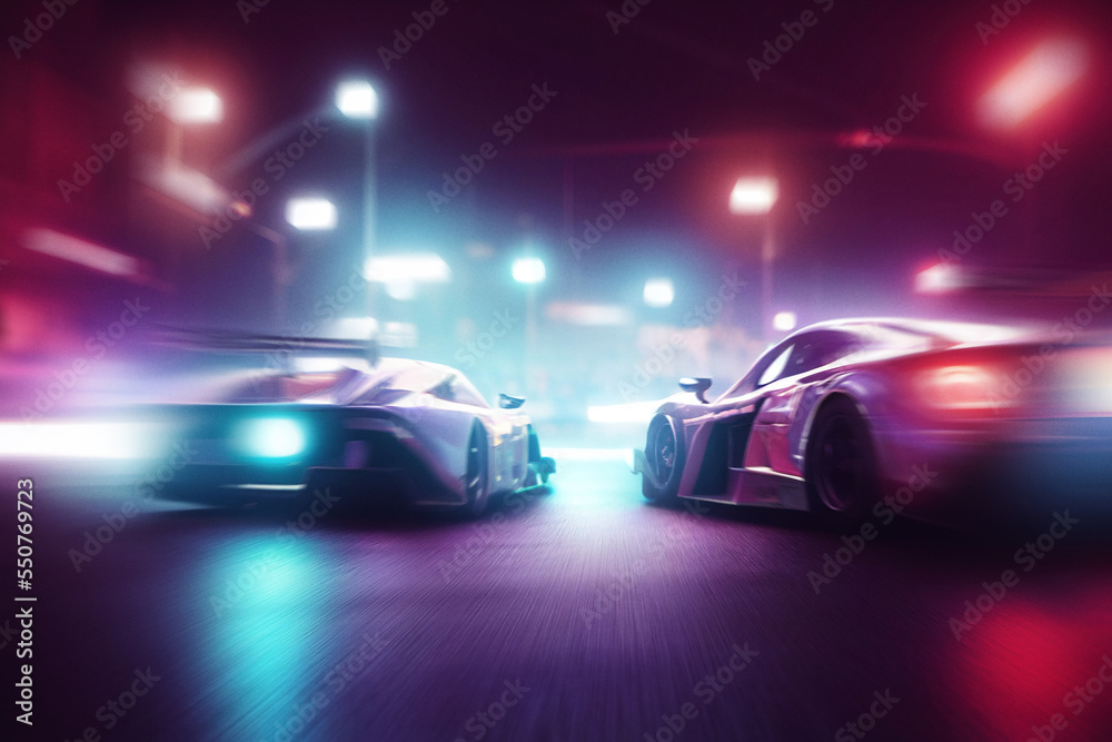 Street racing in neon city.  
Digitally generated image