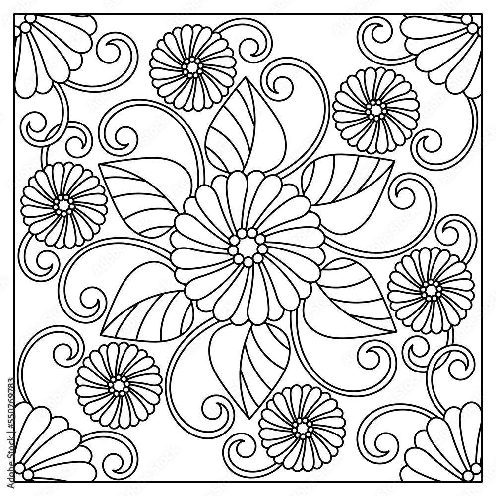 Outline round flower pattern for coloring book page. Antistress for adults. Doodle black and white vector illustration.