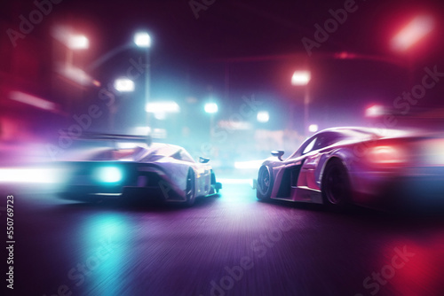 Street racing in neon city. Digitally generated image