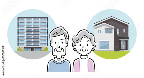ベクターイラスト素材：一戸建てとマンションを選択するシニア夫婦
