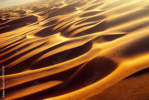 Golden sand dunes from above. Digitally generated image of desert.