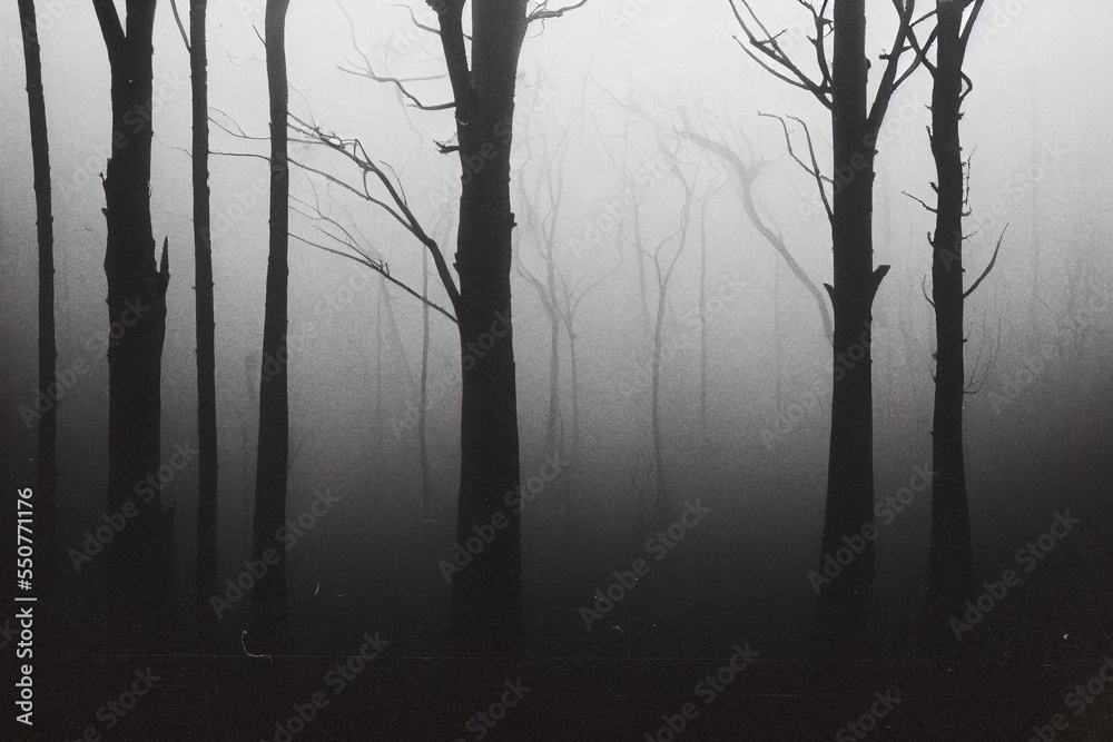 Scary forest in fog. Digitally generated AI image