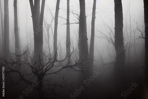 Scary forest in fog. Digitally generated AI image