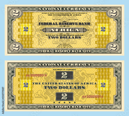 Vector fictional African money with a face value of two dollars. Obverse and reverse of the banknote with a guilloche frame and a geometric pattern. The United States of Africa