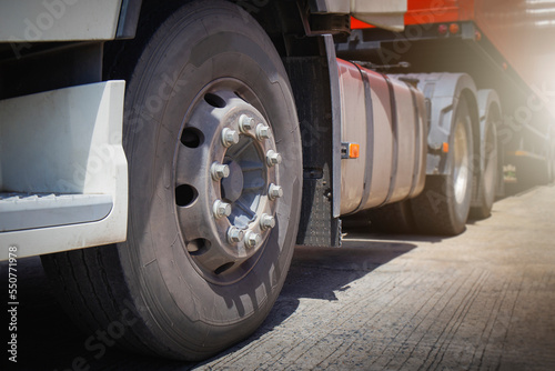 Semi Trailer Truck Wheels Tires. Truck Tyres, Rubber. Freight Truck Transport.	
