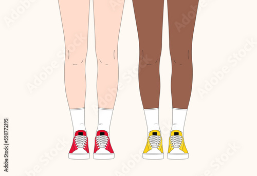 Teens legs in white socks and keds. Isolated silhouette womans legs in sneakers. Pride girls banner